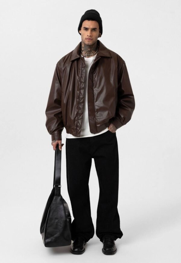 Brown Faux Leather Bomber - Image 3