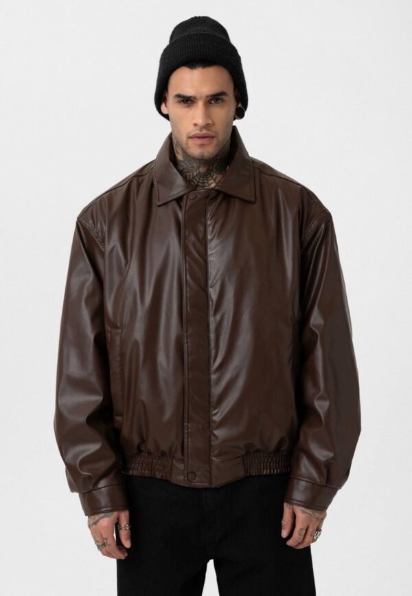 Brown Faux Leather Bomber