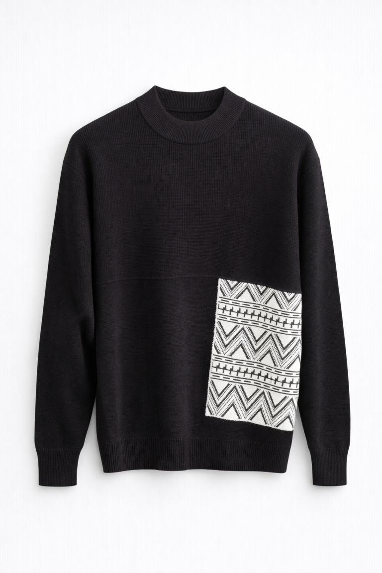 Textured Knit Sweater with Patterned Pocket